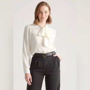 Quince Washable  stretch silk tie neck blouse L